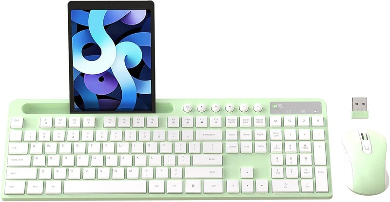 MARVO Wireless Keyboard and Mouse Combo, 2.4G Ergonomic Wireless Computer Keyboard with Phone Tablet Holder, Silent Mouse with 6 Button, Compatible with MacBook, Windows (Green) - Image 1